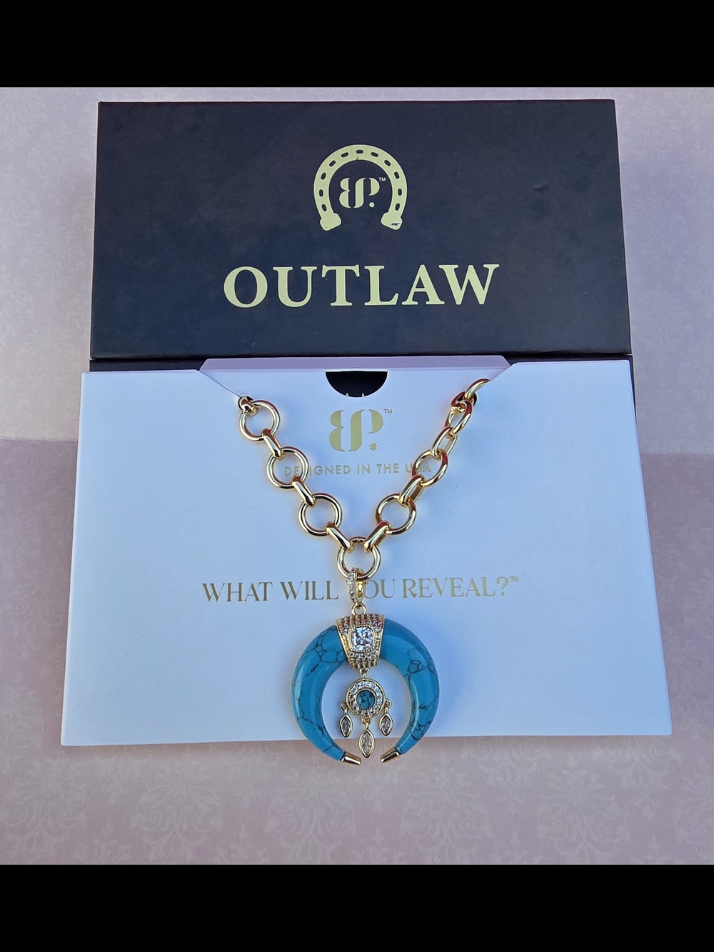 Bomb Party Outlaw Gold-Tone Turquoise Crescent Pendant Necklace - Picture 10 of 12